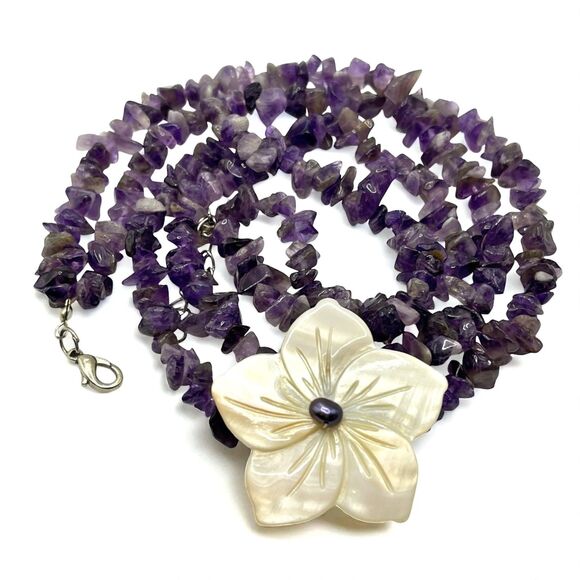 Shell Flower Necklace Purple Amethyst Nugget Carved Mother of Pearl Cruise 20" - Picture 10 of 10